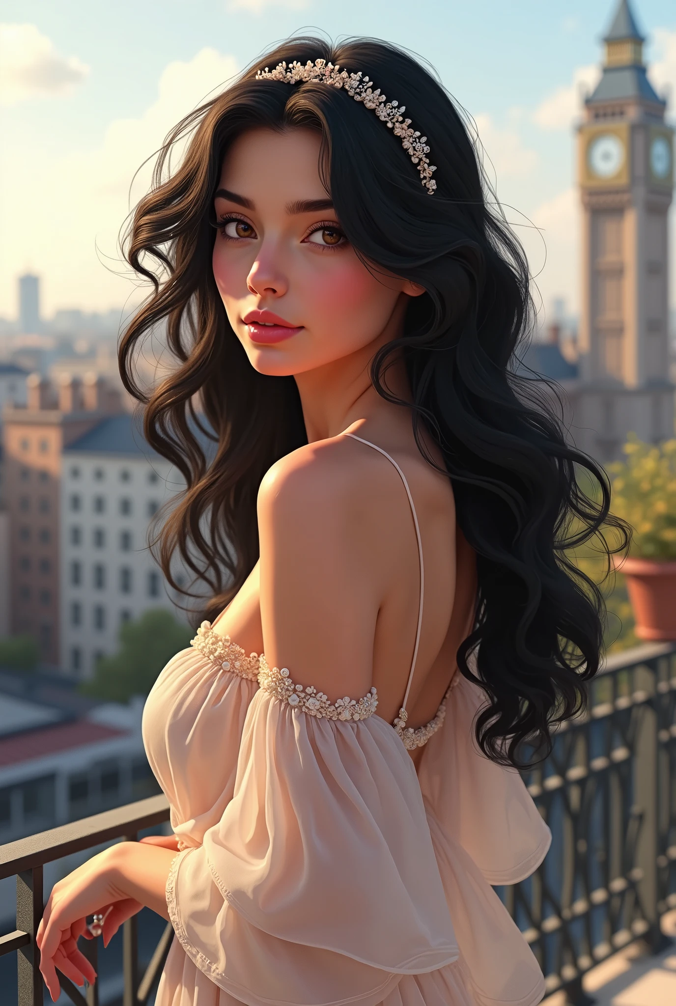 A very pretty girl with pink lips, very black and half wavy hair on the terrace of an apartment in the city of London with the morning light illuminating her face and the wind ruffling her hair with a very beautiful brando dress and a tiara on her head, the girl is pure and has an innocent look with slightly pink cheeks and hazel eyes, she is a Greek girl, turning her head slightly, , white skin with delicate features., with a light anime touch
 