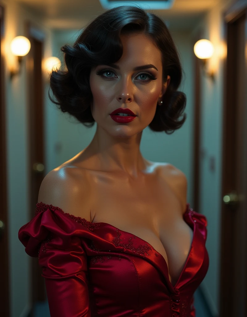 A close-up of a sensual, evil-smiling seduction scene in A Bewitching: A glamorous female singer with overwhelming beauty and heavy makeup, wearing her stage costume of a crimsonred satin off-shoulder dress with glitter, suddenly appears from the shadows of an unoccupied, eerily bright ship's corridor and seductively beckons a lost man. The man succumbs to his carnal desires and gives in to the temptation, losing himself in the pursuit of the woman's voluptuous buttocks as he is led along. The woman, who entered the elevator first, urges him to enter, saying that they will do something naughty inside, when the elevator is broken, and in fact the entire bottom panel has fallen out, revealing an abyss inside the shaft. She is a lost evil spirit who lures the living to death. Demonic, evil and lascivious grin showing teeth and oral, head tilted back, seductive gaze, looking at the viewer, From the side, pov, focus on woman, bust shot, bright and strong overall lighting, brunette with short permed hair, reflective blue eyes, shining red lips that look wet, aesthetic, glamorous, soft and curvy, bodycon, pale skin, neck, collarbone, shoulders, full upper chest, Emphasized breast fullness, upper breast, deep cleavage, saggy huge breasts, cinched waist, Beautiful ass like a ripe peach, seductive pose using both hands, perfect anatomy, ideal facial features, ideally proportioned figure, perfectly beautiful body, white glistening skin, super detailed skin, glossy skin, masterpiece, incredibly absurd res, absolutely resolution, ultra high res, magnificent raw photo, extremely realistic, 16k wallpaper