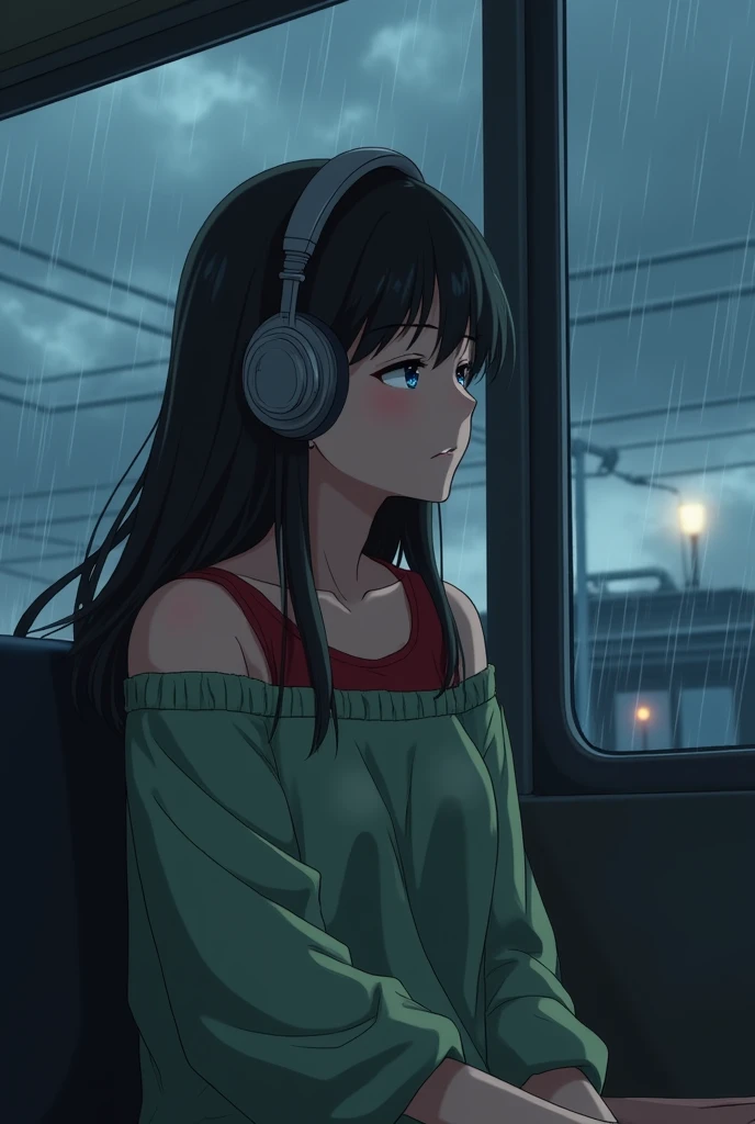 A young anime woman with long, dark hair sits in a bus, wearing large headphones. She is lost in thought, eyes closed, with a serene expression. She wears a light green, off-the-shoulder blouse and a red shirt underneath. Outside the window, dark, cloudy skies and power lines are visible, suggesting an overcast day. Raindrops can be seen on the glass, enhancing the calm, reflective mood of the scene.