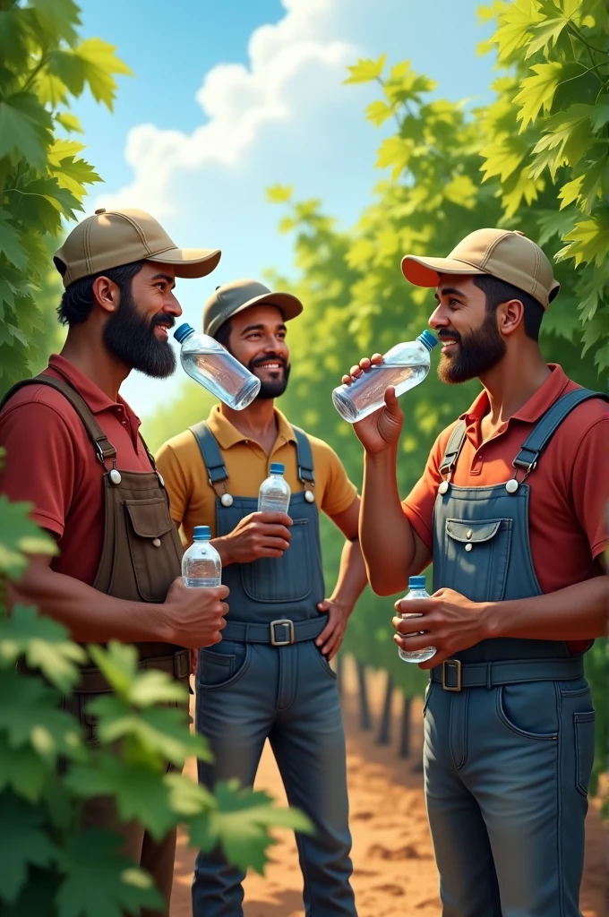 Create an image of a health presentation on the importance of hydration for workers on a grape plantation (remember to show the workers drinking water)