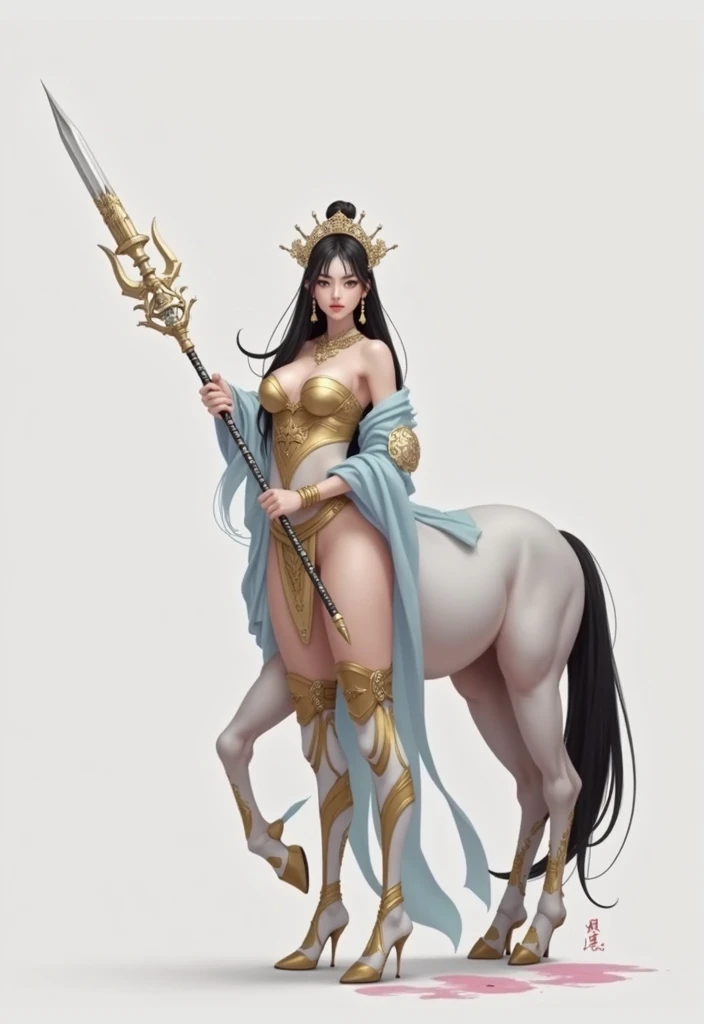 masterpiece,(Best quality:1.3),Centaur girl,lora:Centaur girlV1.0:0.6,(Icefield:1.3),(Head and body 1:9:1.3)Nine-head body,Holding a long weapon,Ancient mythology character Erlang Shen costume,(cos Jiro God)(Refer to Jiao Enjun's Erlang Shen costume)(Golden pattern kneepads,Elbow pads,Wristband,Golden Boot,)(Golden pattern saddle)Horse's body full of golden ancient Chinese armor,Golden headdress,Elegant, beautiful and elegant,All four legs are the same thickness,Ancient Chinese warframe,Mythological Characters Costumes,Background of the picture: Ancient Chinese Heavenly Palace,Mythology Background,Luck is surrounded by colorful clouds,Smooth skin,Black Hair,Perfect facial features,Full breasts,(Leather belt bracelet neck: 1.4),(White crystal high heels: 1.6),Fair and translucent skin,Pale skin,Peach-like skin,The milky white porcelain skin of the eggs