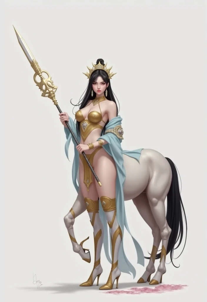 masterpiece,(Best quality:1.3),Centaur girl,lora:Centaur girlV1.0:0.6,(Icefield:1.3),(Head and body 1:9:1.3)Nine-head body,Holding a long weapon,Ancient mythology character Erlang Shen costume,(cos Jiro God)(Refer to Jiao Enjun's Erlang Shen costume)(Golden pattern kneepads,Elbow pads,Wristband,Golden Boot,)(Golden pattern saddle)Horse's body full of golden ancient Chinese armor,Golden headdress,Elegant, beautiful and elegant,All four legs are the same thickness,Ancient Chinese warframe,Mythological Characters Costumes,Background of the picture: Ancient Chinese Heavenly Palace,Mythology Background,Luck is surrounded by colorful clouds,Smooth skin,Black Hair,Perfect facial features,Full ,(Leather belt bracelet neck: 1.4),(White crystal high heels: 1.6),Fair and translucent skin,Pale skin,Peach-like skin,The milky white porcelain skin of the eggs