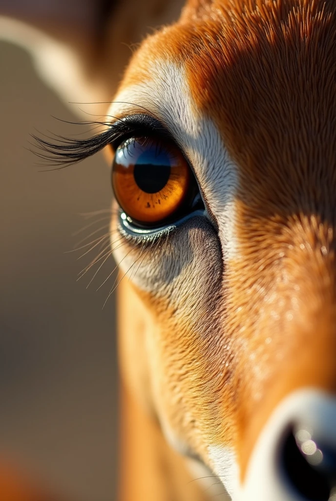 Extreme close-up of a gazelle's eyes. Inside these eyes is a reflection of sunlight.