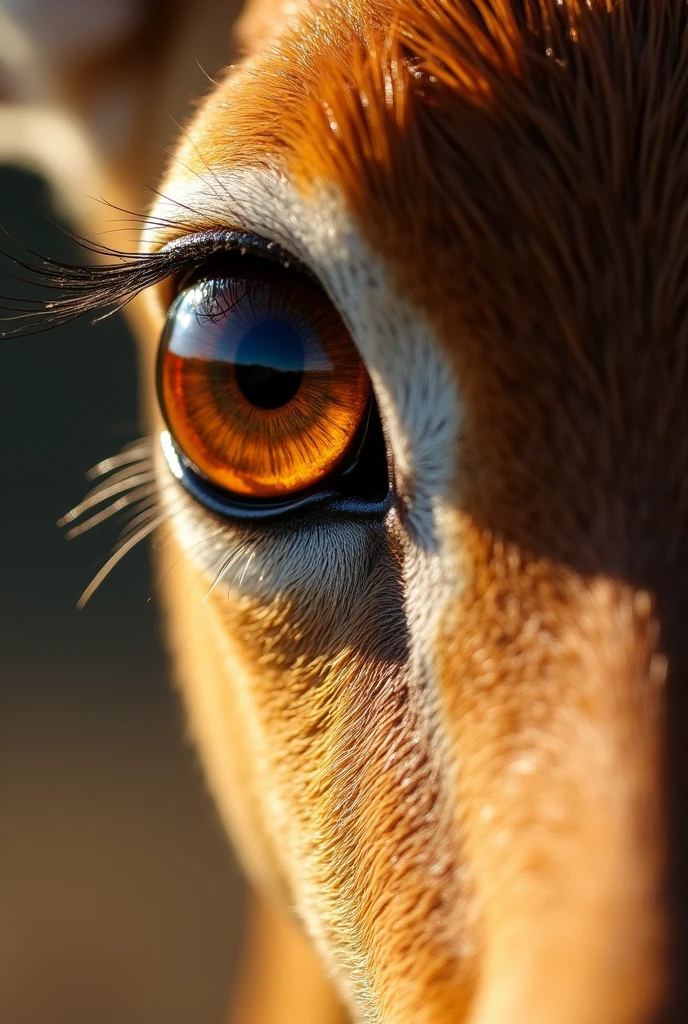Extreme close-up of a gazelle's eyes. Inside these eyes is a reflection of sunlight.