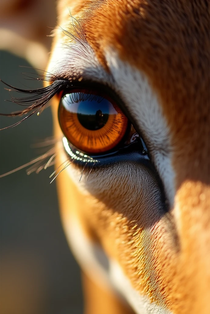 Extreme close-up of a gazelle's eyes. Inside these eyes is a reflection of sunlight.