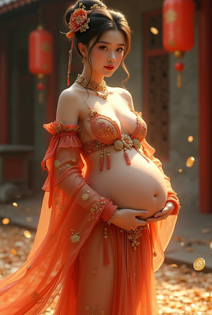 Chinese girl with gold coins , Thick body, Curved body, Curvy waist, Large Breasts, White skin, Luxurious costumes with intricate embroidery, Exposed breasts, flowing tulle, A long transparent colorful ribbon tied on the arm, Inspired by Chinese movies, Showing your belly button, Exposing shoulders, Bare neck, Her hair was tied up high with a flower hairpin, bangle ribbon, wreath, bracelet, anklet, High heels, Metal chain tassels at waist, Mogao Caves Art, Ink Painting, cgstation pop, In the castle at night, ((whole body)), ((Ultra-realistic)), Circle々And a fat, swollen pregnant belly、Slim build