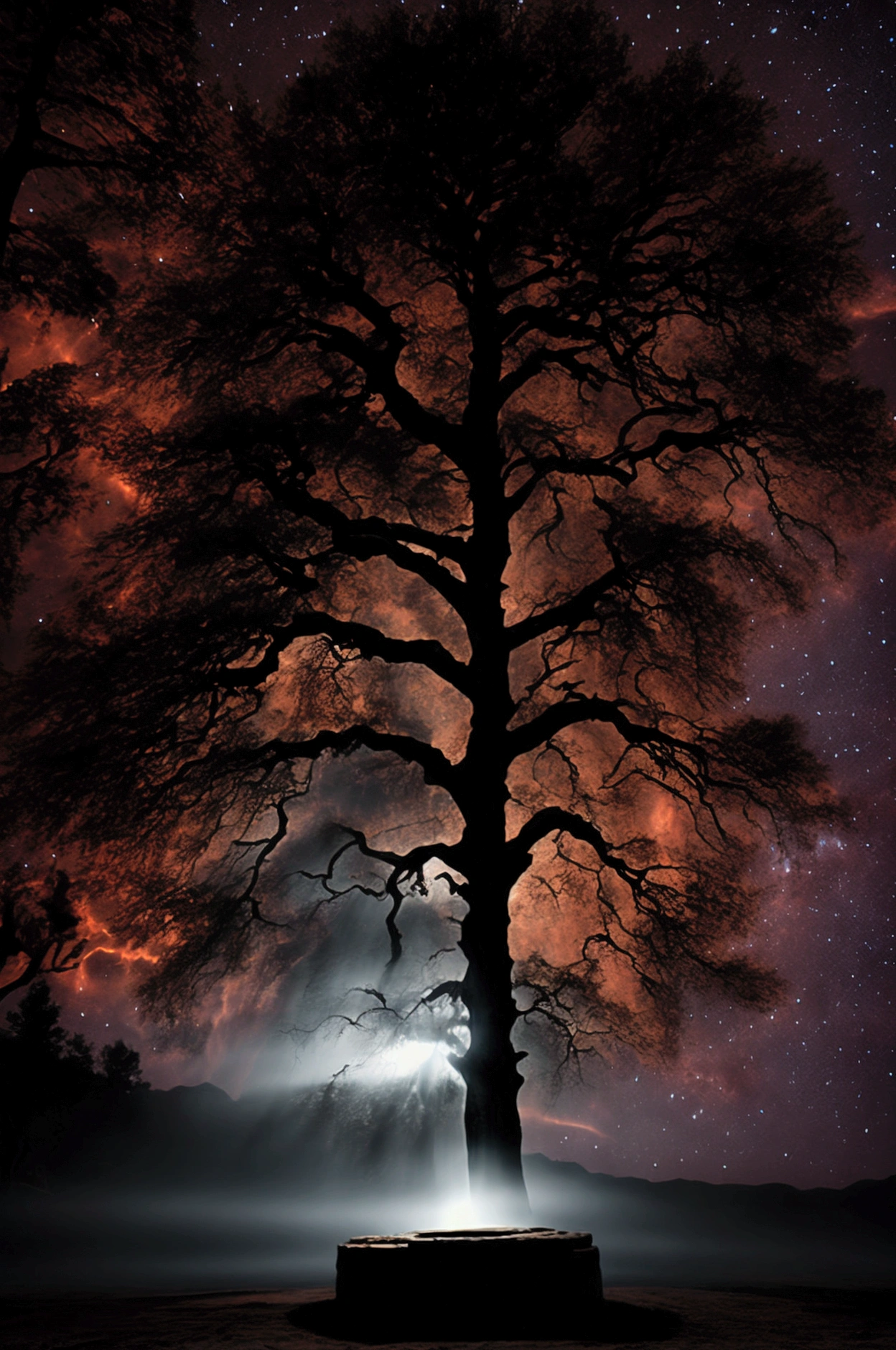 a giant dead tree with runic symbols on the trunk glowing