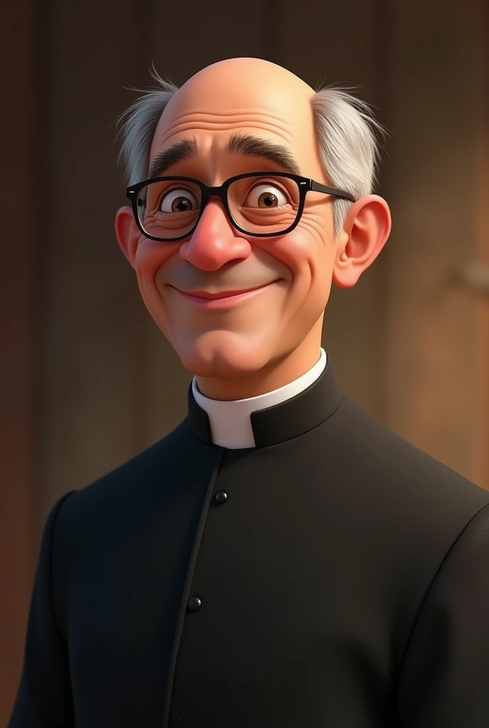 40-year-old priest, bald with a few gray hairs on the sides, a little fat, with prescription glasses, black clothes and smiling Disney Pixar