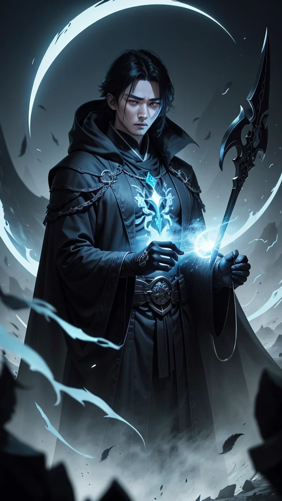 Ji-Hoon, the angel of death, is an imposing figure with 1,98m high. Your skin is pale as marble, contrasting with her straight black hair that falls over her shoulders. Your eyes are two black wells, deep and dull, that seem to absorb all the light around them, reflecting the emptiness of your corrupted soul.
As a result of Ji-Hoon, before white and radiant, now they are big and black, with sharp feathers that seem to tear the air around them. They extend from their backs, giving it an even more terrifying and majestic appearance. Every feather seems to have been stained by a deep darkness, pulsing with an evil energy.
He wears a long, dark cloak, that covers his slender, muscular body. The fabric appears to float around you, as if he were always on the verge of disappearing into the darkness that surrounds him. In your right hand, Ji-Hoon holds a scythe with a curved blade, shiny and sharp, which symbolizes his role as a reaper of souls.
His presence is accompanied by a cold and oppressive aura., as if the very air around you was frozen with fear. Onde Ji-Hoon appeared, death is inevitable, and his blank stare is the last thing his victims see before they are dragged into the abyss.
