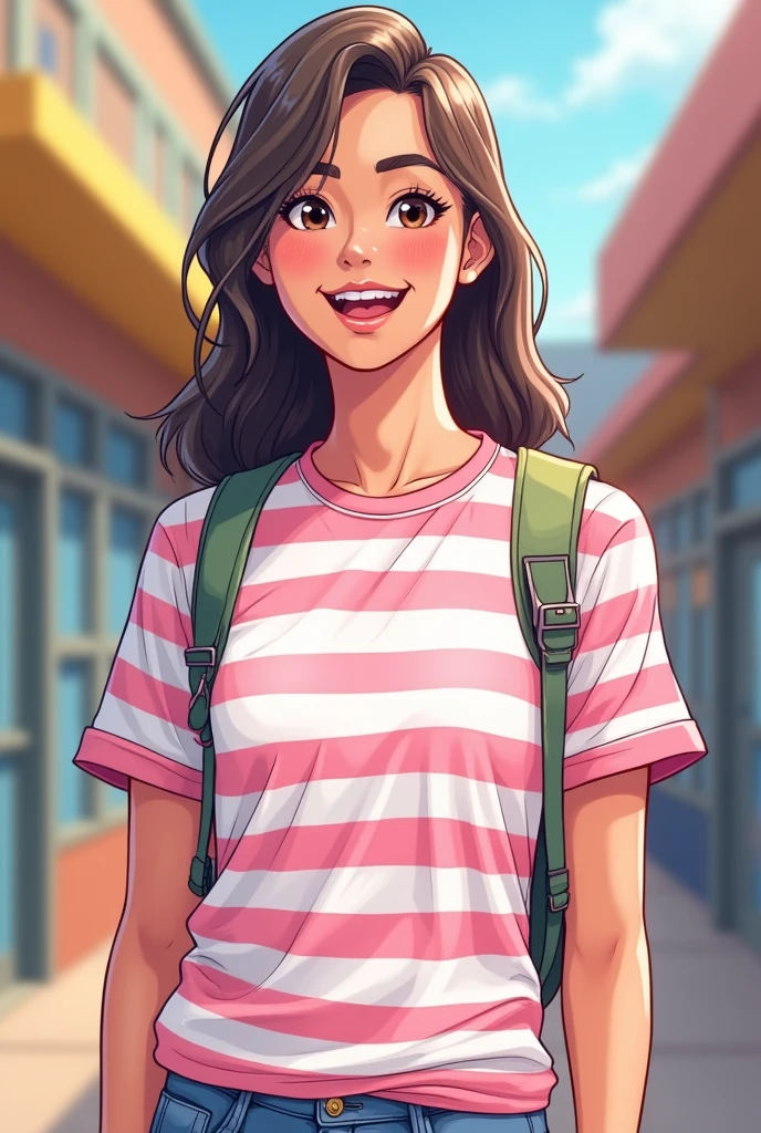 Create a student with a high school promotion t-shirt, that it is white with pink (white and pink stripes), and that little drawings come out on the white part