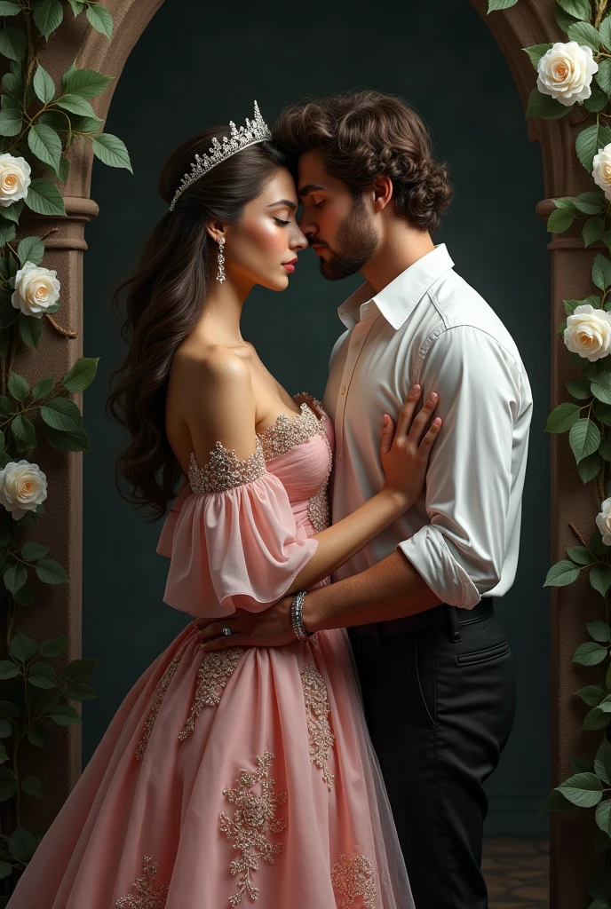 A man and a woman in a pink dress stand next to each other, hands intertwined in gentle touches, romantic pose, lovers, girl with long hair, a man in a shirt with rolled-up sleeves, beautiful clothes в викторианском стиле, beautiful clothes, expensive clothes decorated with precious stones, crown,  the prince and the pauper,  open shoulders, dark background with climbing vine with thorns, white roses on black background