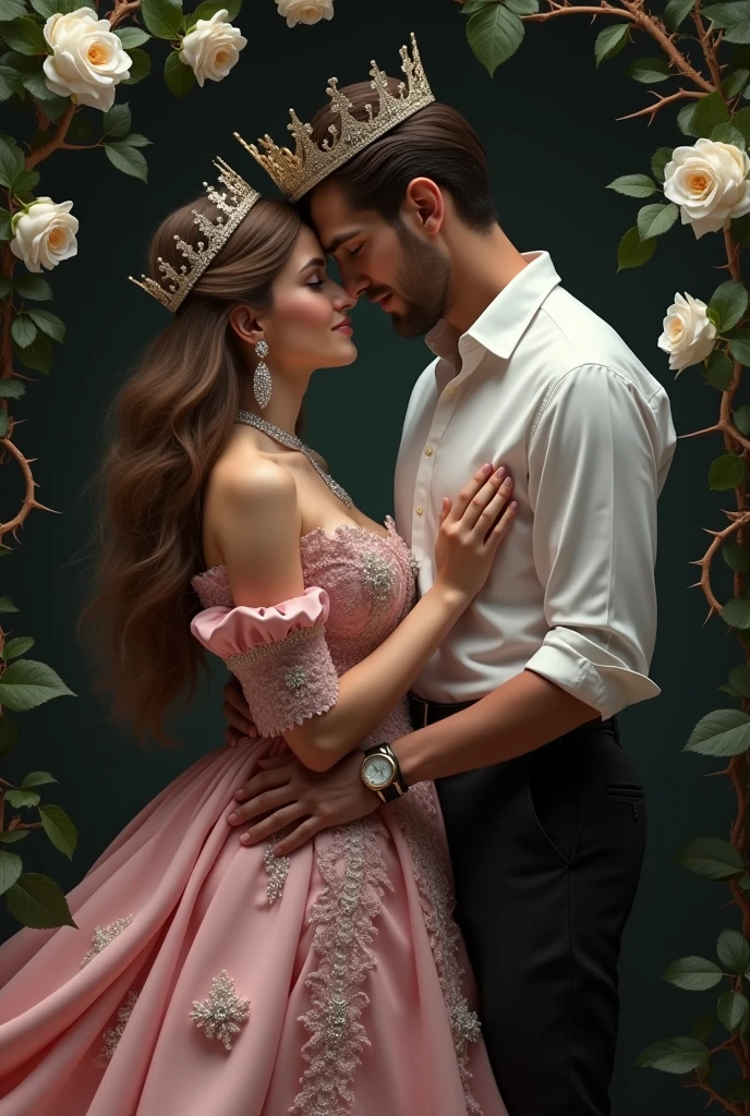 A man and a woman in a pink dress stand next to each other, hands intertwined in gentle touches, romantic pose, lovers, girl with long hair, a man in a shirt with rolled-up sleeves, beautiful clothes в викторианском стиле, beautiful clothes, expensive clothes decorated with precious stones, crown, the prince and the pauper, open shoulders, dark background with climbing vine with thorns, white roses on black background