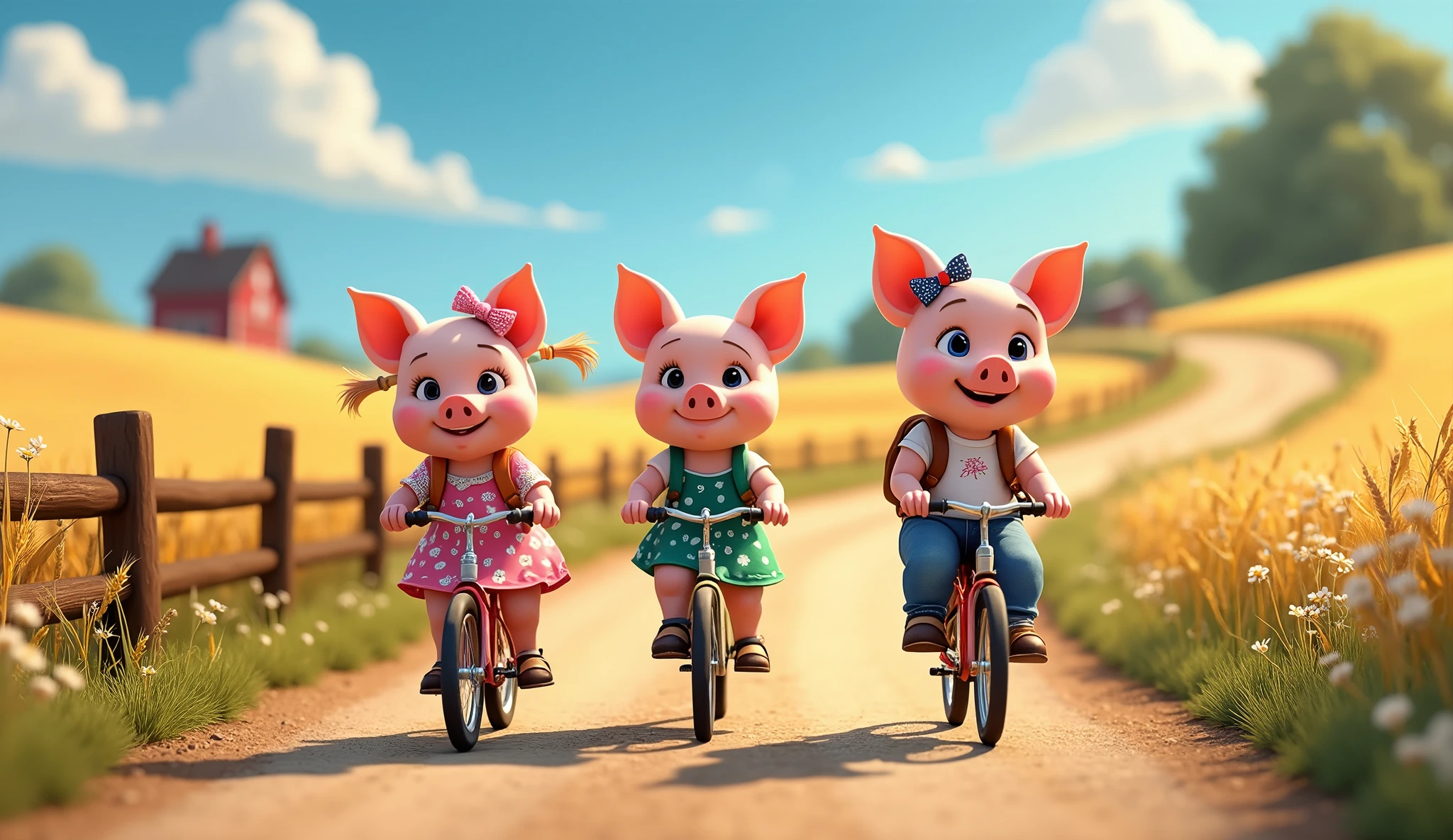 Charming countryside scene, pixar style, 3d, 3 piglets wearing dresses riding bicycles carrying backpacks. one piglet is wearing pink dress with white flowers carrying backpack, other piglet is wearing green dress with white polka dots carrying backpack, one piglet is wearing white t-shirt blue jeans and a blue bandana carrying backpack, Winding dirt road through golden wheat fields. Wildflowers dotting roadside. Rustic wooden fence, distant red barn. Fluffy white clouds in blue sky. Girl's pigtails and dress fluttering in breeze. Warm sunlight, long shadows, game button art, Game illustration, lovely digital painting, artstation for kids art, Official artwork, key art, mobile game art, cover game art, zootopia concept art, (soft lighting:1.3), (green and earthy color scheme:1.3), (highly detailed), (ultra quality:1.3), (masterpiece), (digital art), 8K resolution, HDR, depth of field, (soft shadows), (photorealistic:1.3), (animation:1.2), (by Greg Rutkowski:0.9), (in the style of Alphonse Mucha), trending on ArtStation, award-winning art, 3d style