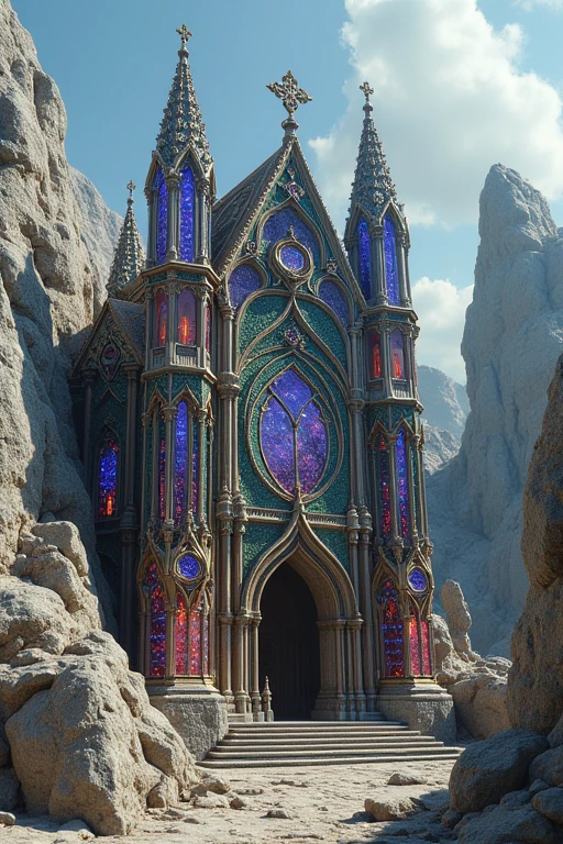 A building made of jewels. Gothic architecture. Show the whole building. Built on a rocky outcrop. Give it more of a sparkling, reflective feel.、There are gems buried in the surrounding rocks too.、Land of the Lustrous、A building made entirely of jewels. I wish the exterior walls would reflect the light and sparkle more, and give the jewels a more transparent look. The walls of the building were all diamonds, and the rocks looked like they were buried in jewels. A smaller building would be fine. I'd like to see something near the entrance.