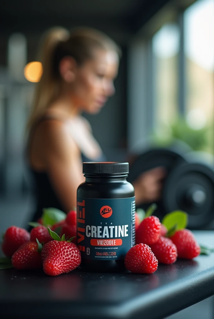 small creatine jar on top of gym equipment with berries behind the jar, with a woman in the gym with a blurred background