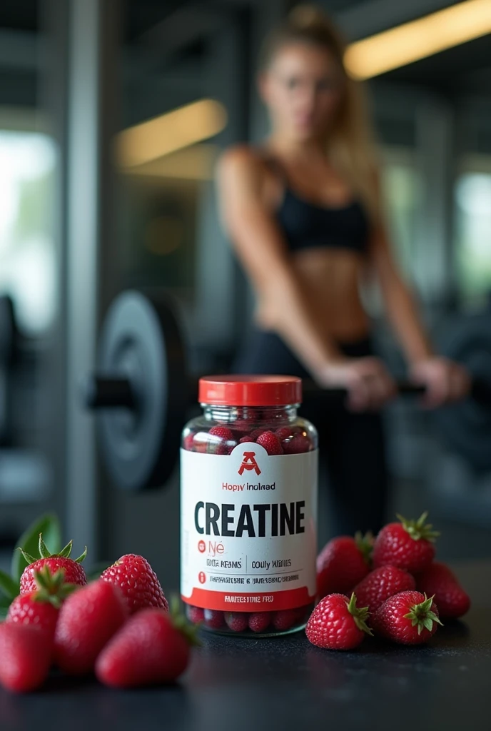 small creatine jar on top of gym equipment with berries behind the jar, with a woman in the gym with a blurred background
