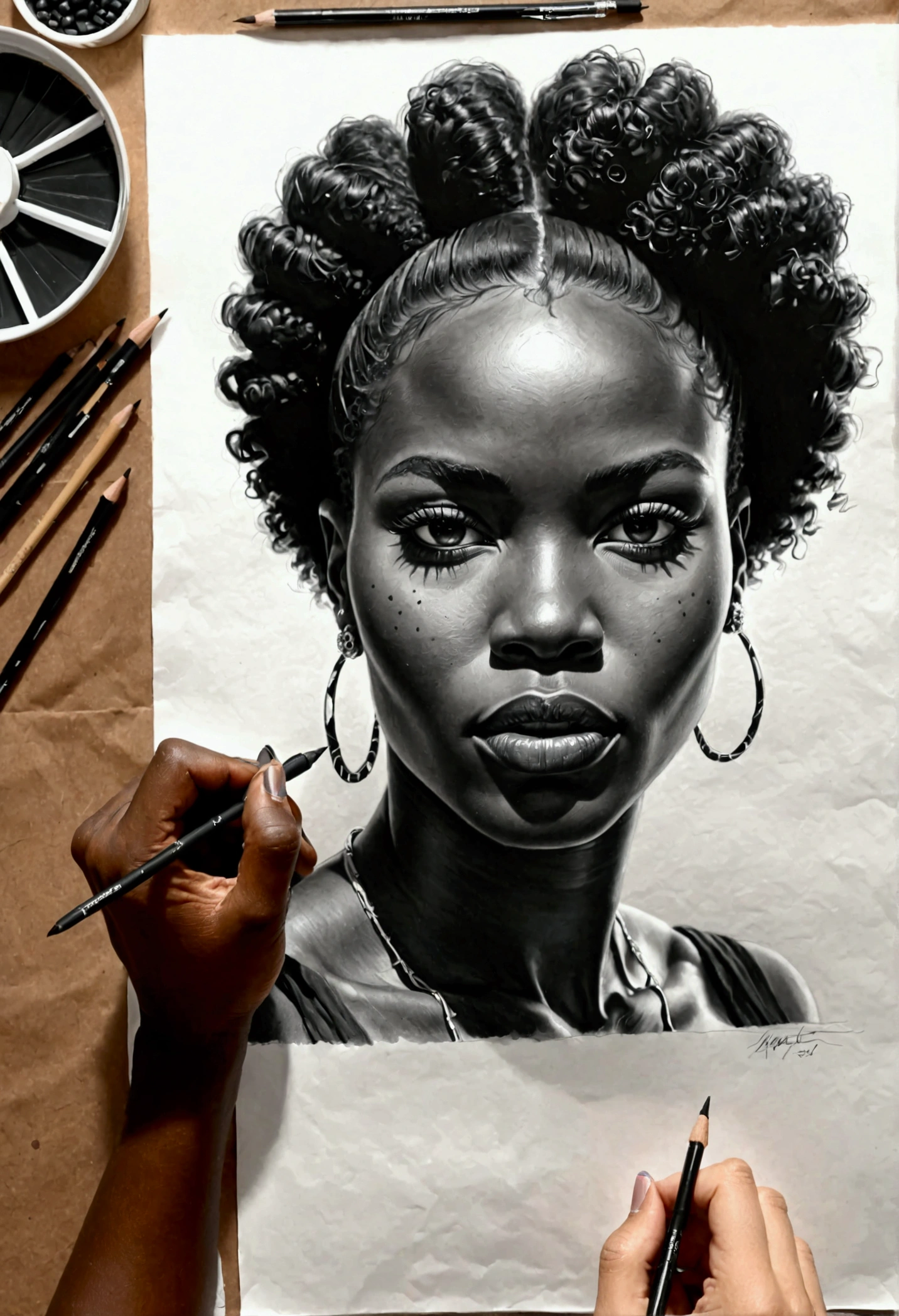 See hand black african IS drawing on a paper a portait of woman face with short hyper Realistfinish ,in black and with on a paper white A3; the drawing IS on a desktop black with light of desktop.