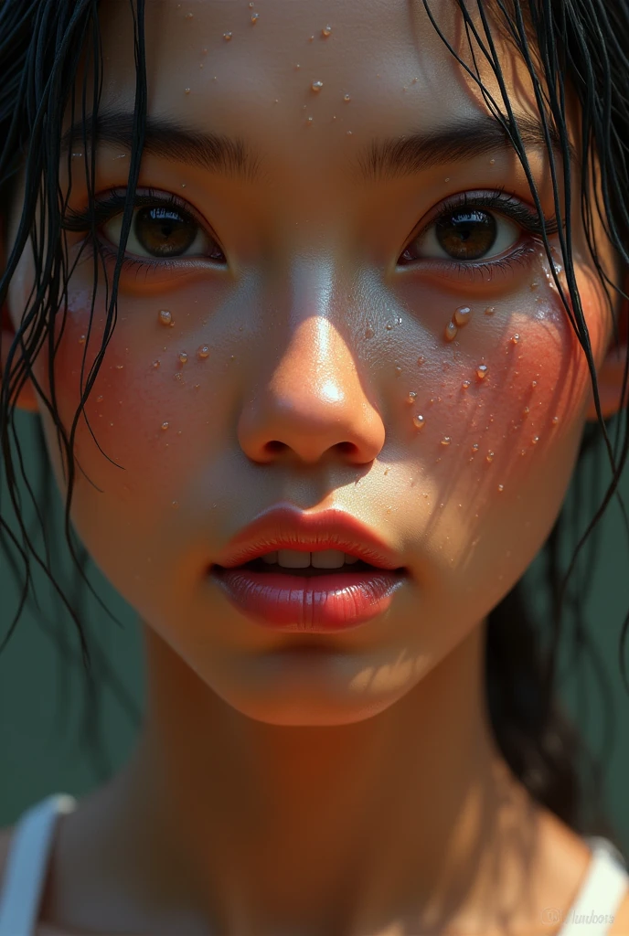 a close up of a indonesian woman's wet face, a hyperrealistic painting, inspired by Sam Spratt, featured on zbrush central, hyperrealism, ultra realistic 3d illustration, sweating intensely, photo realistic image, covered in water drops, hyperrealistic movie filmstill, in style of photorealism artist, portrait of ultra realistic, morning. hyperrealism, sweaty wet skin