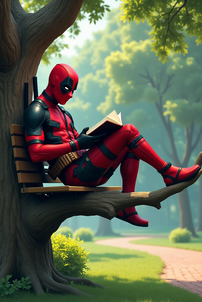 Create an image of Deadpool reading a book on the edge of a tree sitting on a bench in the park 
