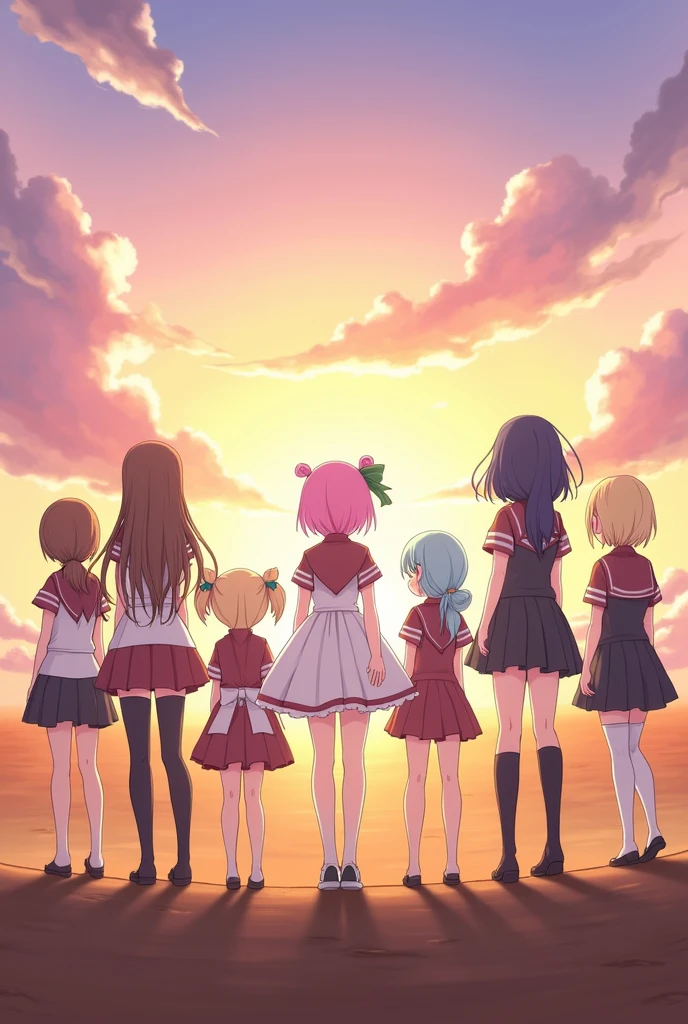(anime) "An illustration of eight girls with their backs turned, looking towards the horizon. Each one has a specific hairstyle and wears a characteristic royal school uniform.. besides, They all must have a distinctive bow that can be on their clothes, hair or body parts. The hair styles are: 8 girls 1.The one in the middle is a fairy with pink hair, pointy ears, but without wings.
2.The one next to her with brown hair and green tips on her bangs, and slightly dark skin complexion.
3.The one next to her is a small girl, not so small either, with two long pigtails of white hair that reach her waist..
4.Another one with short hair and bangs painted with a little blue.
5.Another with light dark blue hair that reaches to the calf.
6.Another with short brown hair and long bangs, also with dark skin complexion.
7.Another one with blonde hair and not so striking lion ears and lion tail.
8.Another with greenish hair tied in a ponytail that reaches to the waist.
The horizon should suggest a wide landscape where you cannot see their legs., Let it be a sunset and let it be aesthetic