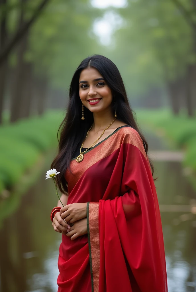 The image is a portrait of a young Indian woman wearing a traditional Indian saree. She is standing in front of a stream with trees and greenery in the background. The woman is wearing a red saree with a black blouse and a gold necklace and earrings. She has long dark hair and is holding a small white flower in her hand. The saree is draped over her left shoulder and she is looking directly at the camera with a slight smile on her face. The overall mood of the image is peaceful and serene.