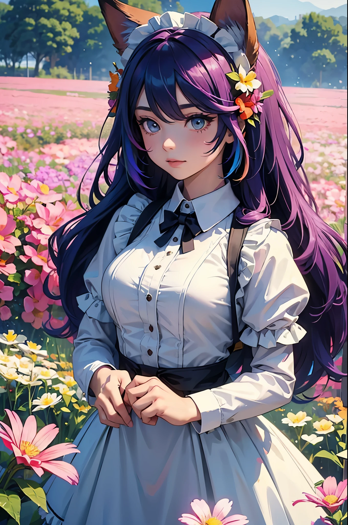 A girl with long hair and rainbow-colored hair is wearing a maid outfit and standing in a flower field with lots of big flowers. Upper body, fox ears.