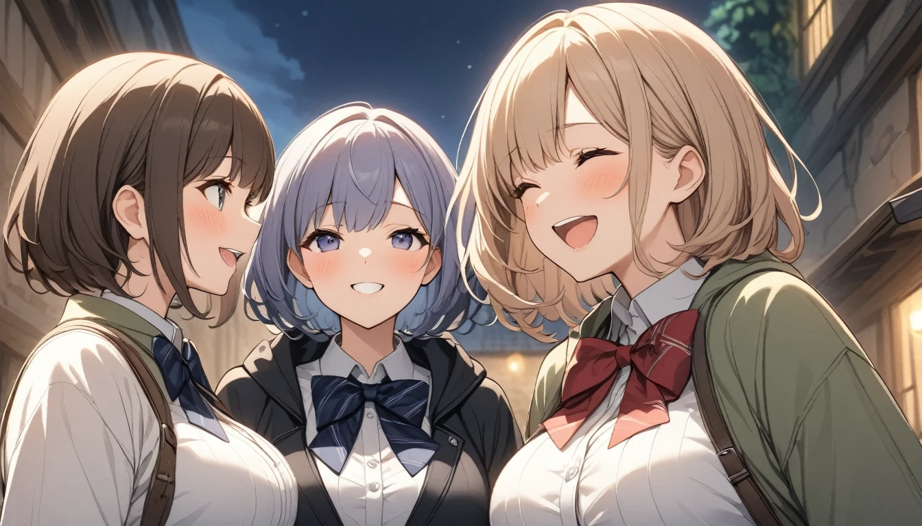 Three Women、Different hair colors、Different hairstyles、Short Hair、Large Breasts、Each one in different clothes、Wearing a bow tie、laughing、Face to face、Upper Body、Atelier、night