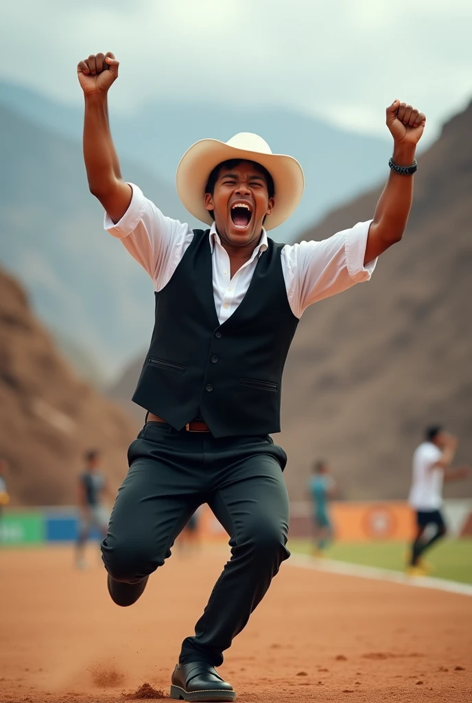 Young Peruvian Andean man with white hat, black vest white shirt, black pants and black sandals screaming goal