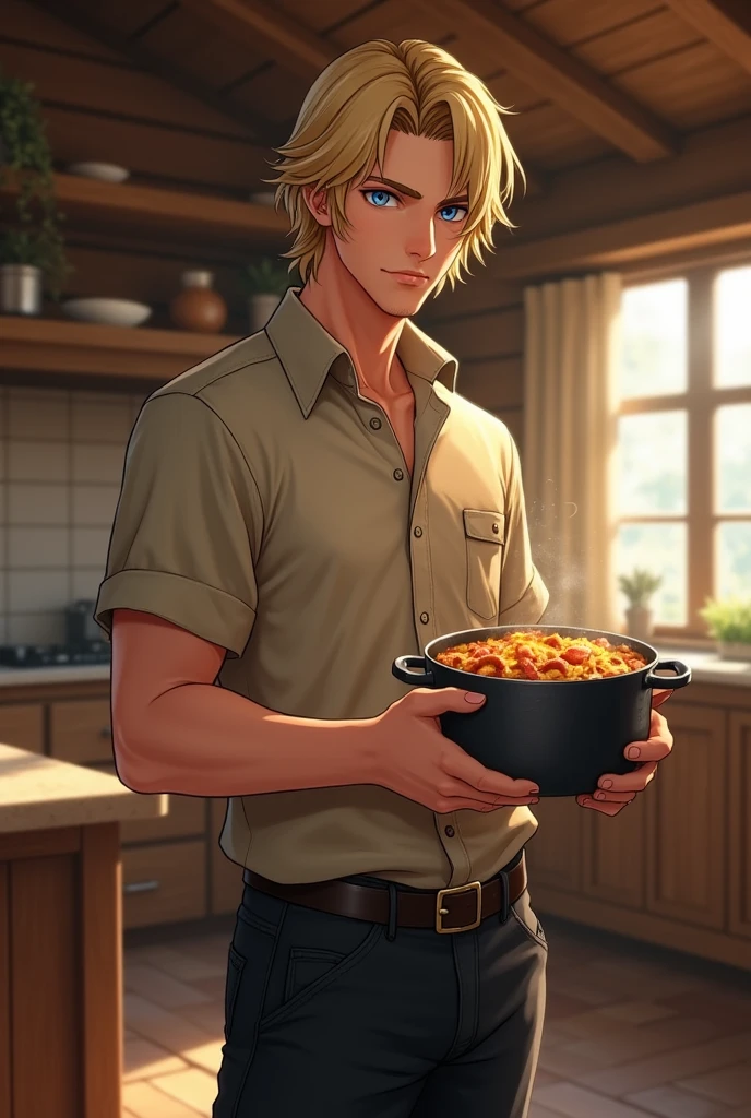 Create an image: a realistic young adult with blonde hair, metallic blue eyes, with beige shirt and black pants with pocket, he is handsome and is in a wooden room holding a pot with food. Rpg real
