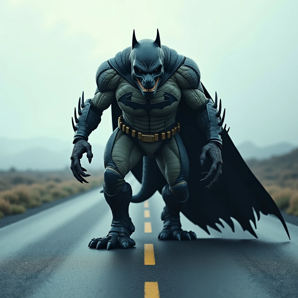 Create a realistic image, on the long road, a T rex with  batman's body is made up of batman's iconic composed of elements , A T rex would look terrifyingthe image will be cool and shiny. 