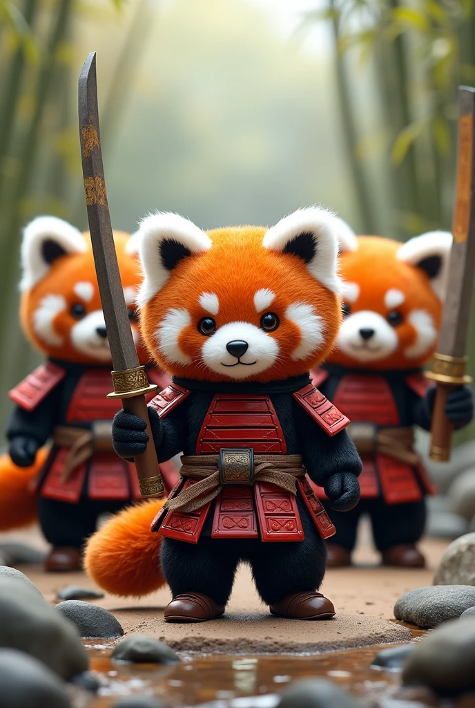 A stuffed red panda dressed as a samurai　Bring along your stuffed animal companions　All the stuffed animals are red pandas　Make them all into stuffed red pandas　10 friends is good　With a big sword