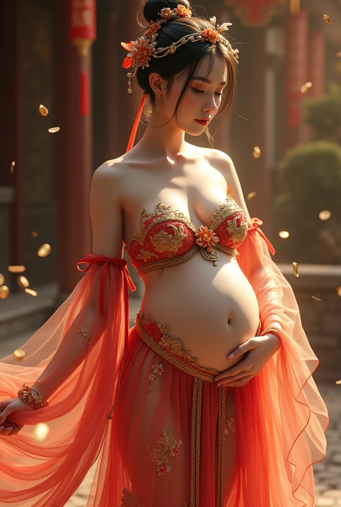 Chinese girl with gold coins , Thick body, Curved body, Curvy waist, Large Breasts, White skin, Luxurious costumes with intricate embroidery, Exposed breasts, flowing tulle, A long transparent colorful ribbon tied on the arm, Inspired by Chinese movies, Showing your belly button, Exposing shoulders, Bare neck, Her hair was tied up high with a flower hairpin, bangle ribbon, wreath, bracelet, anklet, High heels, Metal chain tassels at waist, Mogao Caves Art, Ink Painting, cgstation pop, In the castle at night, ((whole body)), ((Ultra-realistic)) Circle々And a fat, swollen pregnant belly、Slim build