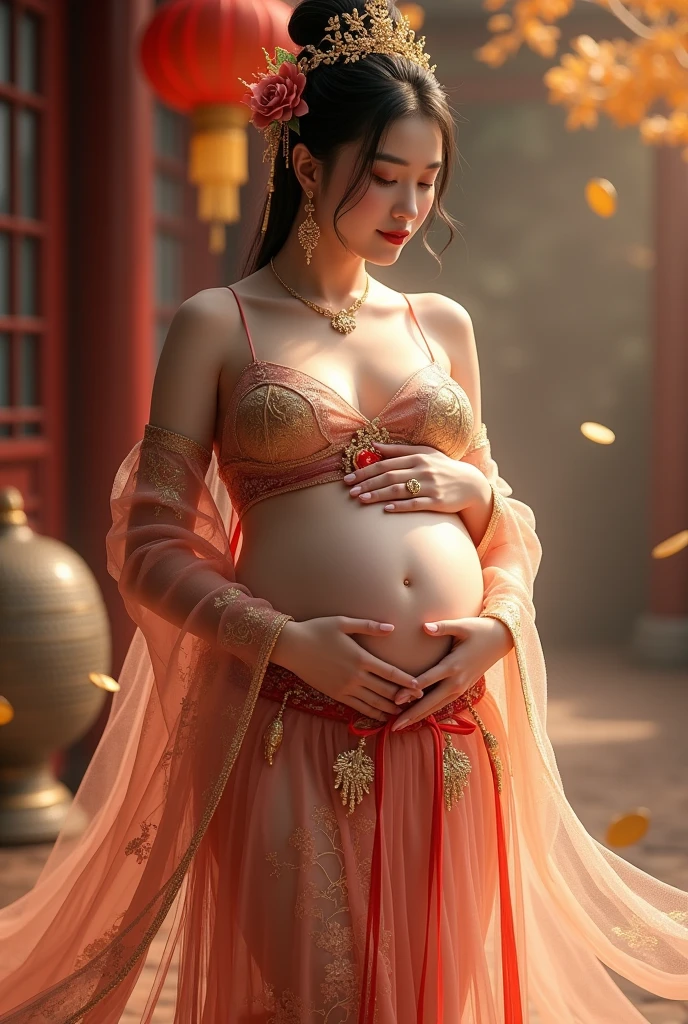 Chinese girl with gold coins , Thick body, Curved body, Curvy waist, Large Breasts, White skin, Luxurious costumes with intricate embroidery, Exposed breasts, flowing tulle, A long transparent colorful ribbon tied on the arm, Inspired by Chinese movies, Showing your belly button, Exposing shoulders, Bare neck, Her hair was tied up high with a flower hairpin, bangle ribbon, wreath, bracelet, anklet, High heels, Metal chain tassels at waist, Mogao Caves Art, Ink Painting, cgstation pop, In the castle at night, ((whole body)), ((Ultra-realistic)) Circle々And a fat, swollen pregnant belly、Slim build