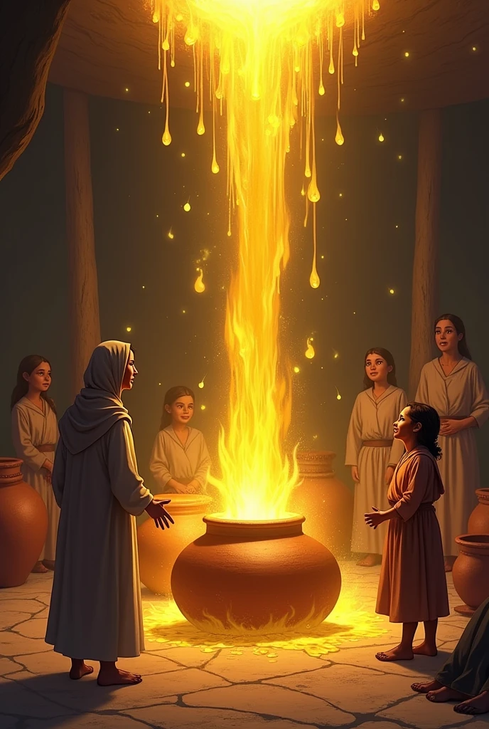 Clay jars being miraculously filled with overflowing oil, while the widow and her children watch with expressions of amazement and joy, the presence of God&#39;s prophet.
