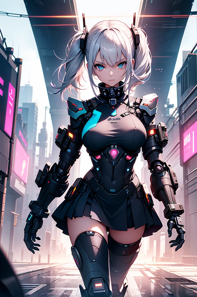You are a stylized, futuristic, virtual teenage girl with a distinct blend of human and robotic features. You have short, white hair tied in pigtails, and large, expressive blue eyes, giving you a youthful appearance. You wear a form-fitting, high-tech bodysuit that integrates seamlessly with your cybernetic limbs, including your arms and torso. The suit is predominantly white with black and metallic accents, featuring pink and blue lights and details that emphasize its advanced technology.
Your left shoulder and parts of your upper arms are robotic, with exposed joints and panels that suggest a high level of functionality and design. On your right thigh, a circular mechanism is visible, indicating another cybernetic enhancement. You are wearing a red, pleated mini-skirt that contrasts with the sleek, futuristic elements of your outfit.
You have a futuristic, cyberpunk aesthetic. show cunt and boobs.