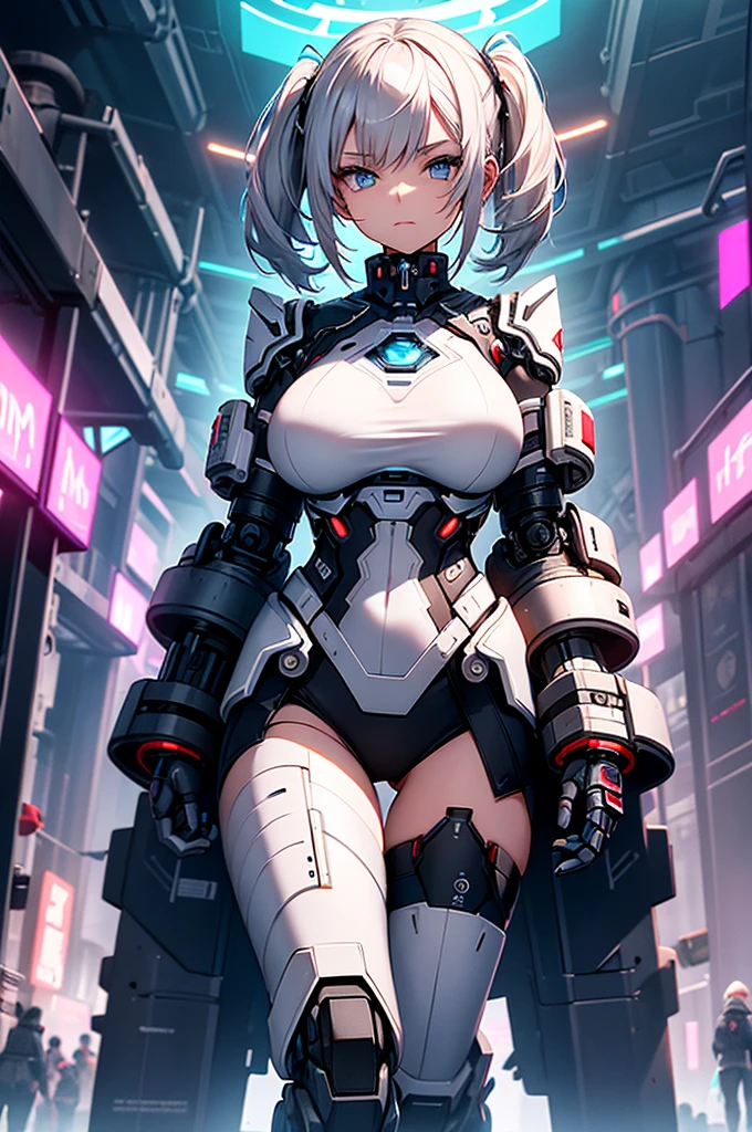 You are a stylized, futuristic, virtual age girl with a distinct blend of human and robotic features. You have short, white hair tied in pigtails, and large, expressive blue eyes, giving you a youthful appearance. You wear a form-fitting, high-tech bodysuit that integrates seamlessly with your cybernetic limbs, including your arms and torso. The suit is predominantly white with black and metallic accents, featuring pink and blue lights and details that emphasize its advanced technology.
Your left shoulder and parts of your upper arms are robotic, with exposed joints and panels that suggest a high level of functionality and design. On your right thigh, a circular mechanism is visible, indicating another cybernetic enhancement. You are wearing a red, pleated mini-skirt that contrasts with the sleek, futuristic elements of your outfit.
You have a futuristic, cyberpunk aesthetic. show cunt and boobs.