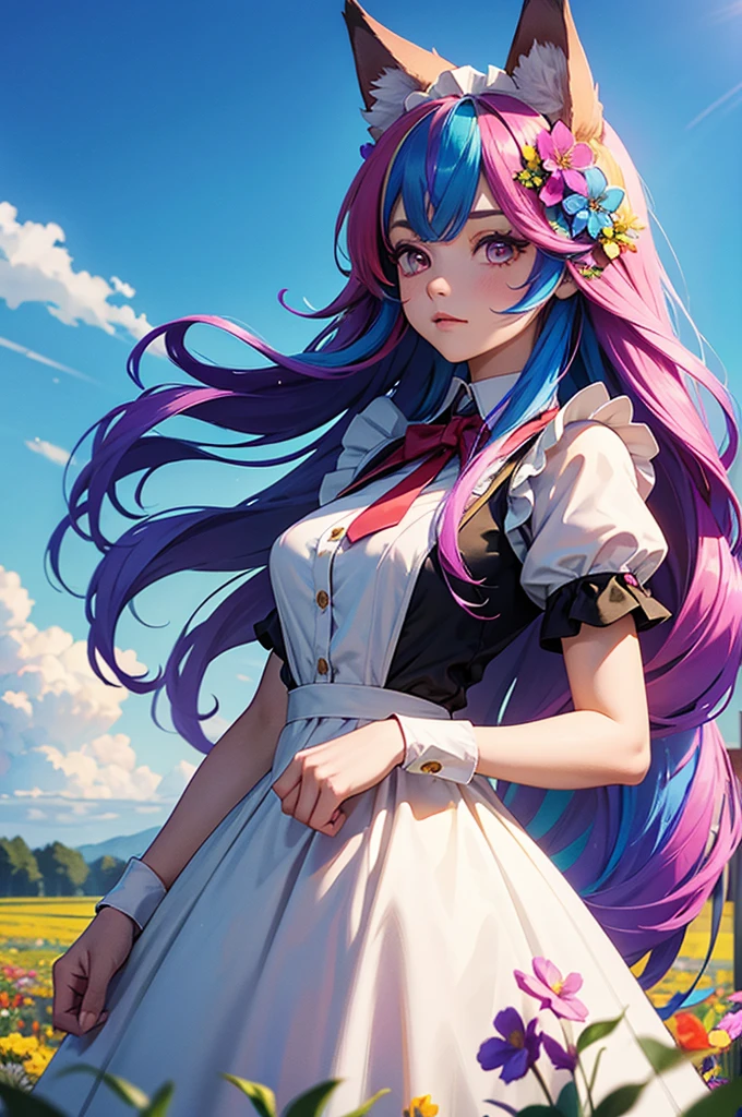 A girl with long hair and rainbow-colored hair is wearing a maid outfit and standing in a flower field with lots of big flowers. Upper body, fox ears.