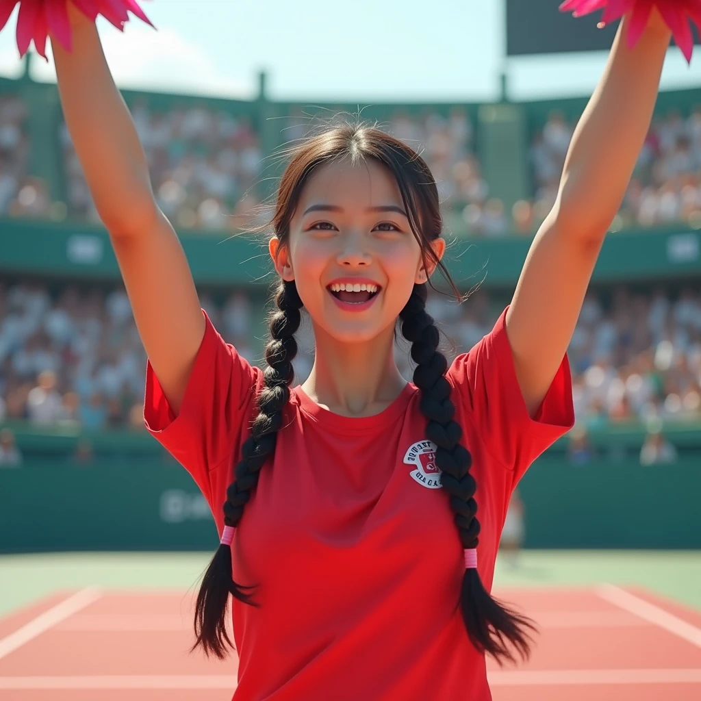 A beautiful asian girl is cheer leader, black hair, braided hair on both sides, t shirt red, looking viewer, facing the viewer, excitement on the face, hand lifting cheerleading flower, cheerleading and Y jumping, back ground at tennis stage. realictics, You should not describe the chest and genital areas.