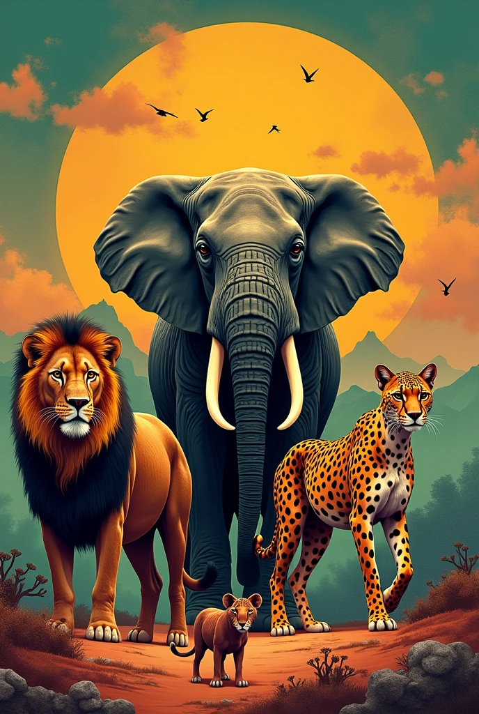 I want it to have the Big 5 with the title of South Africa and all the culture of the country. I want it to say welcome to South Africa above the Big 5. Can it have the Big 5: the lion, the buffalo, the elephant, the cheetah and the rhino? Can you put the buffalo in there too? I want you to put only the Big 5 with the title of South Africa above. I don&#39;t want the animals to be repeated. 