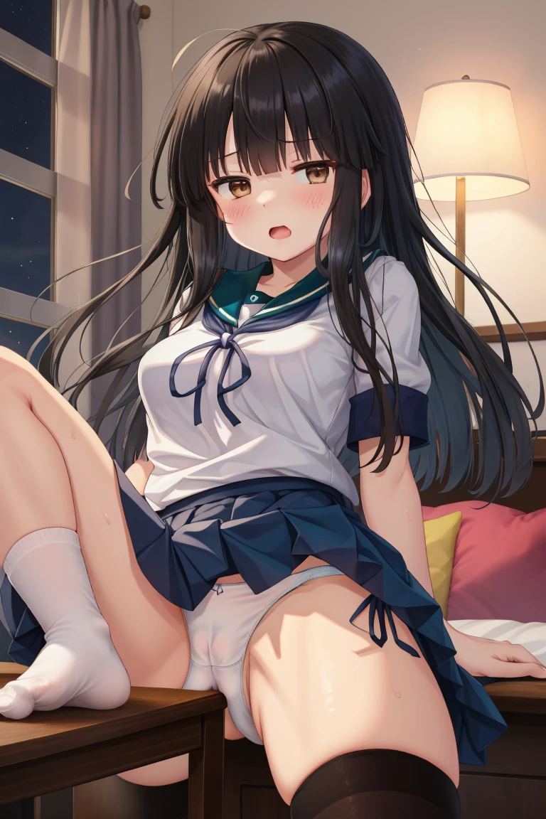 Portrait, official art, best masterpiece, best quality, best resolution, 8K, best detailed, perfect anatomy
BREAK
1girl, hatsuyuki \(kancolle\), black hair, long hair, blunt bangs, Brown Eyes, serafuku, teal sailor collar, neckerchief, short sleeves, pleated skirt, black socks, anchor symbol, (small , short stature:1.2), (white pantiesREAK
nsfw, desk humping, mastu, table, REAK
(blush:1.3), (shy:1.2), ahegao, lewd face, troubled eyebrows, opeur mouth
BREAK
luxurious room, (night, midnight, darkness:1.3), very fine and detailed 16KCG wallpapers