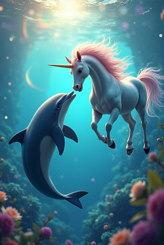 An image of a dolphin looking lustfully and a unicorn with a crazy expression,out in the sea with lots of colors and rainbows and flying with lots of colors, realist