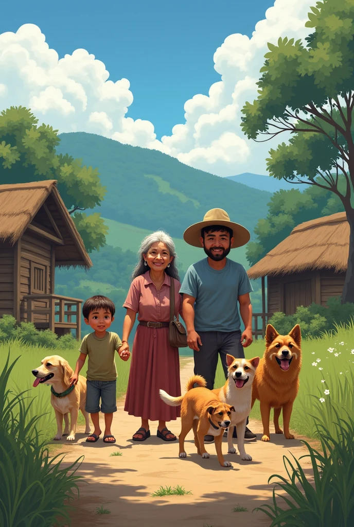 Describe to me a peasant family from the 2000s in Colombia gathered on a farm where they are sitting, The father&#39;s mother is a  with brown hair, thin build and mixed skin color and two younger children playing with dogs of the same build Ai image