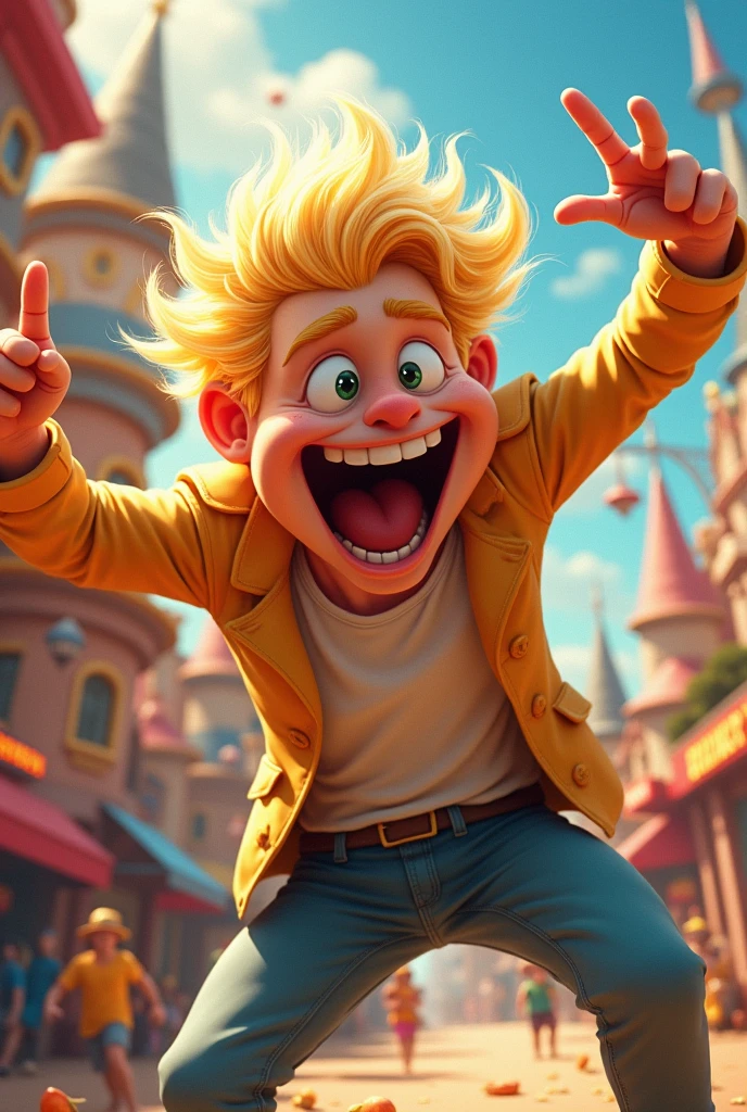 A blond man acting funny