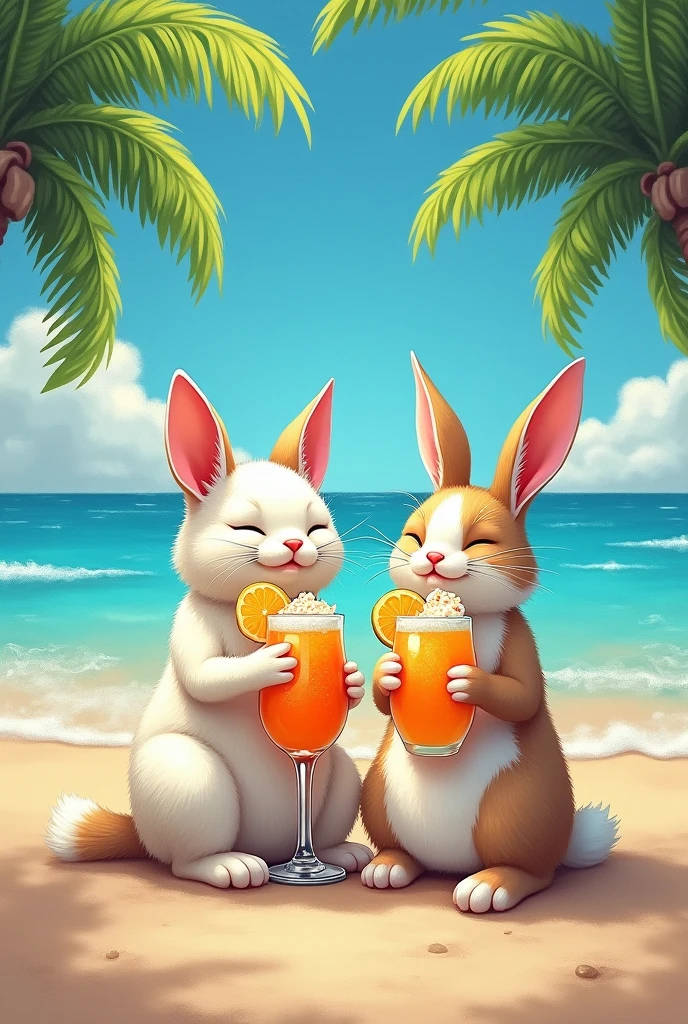 A cat and a rabbit sunbathing , on a day at the beach , drinking piña coladas , for two paintings , that when joined together they make one