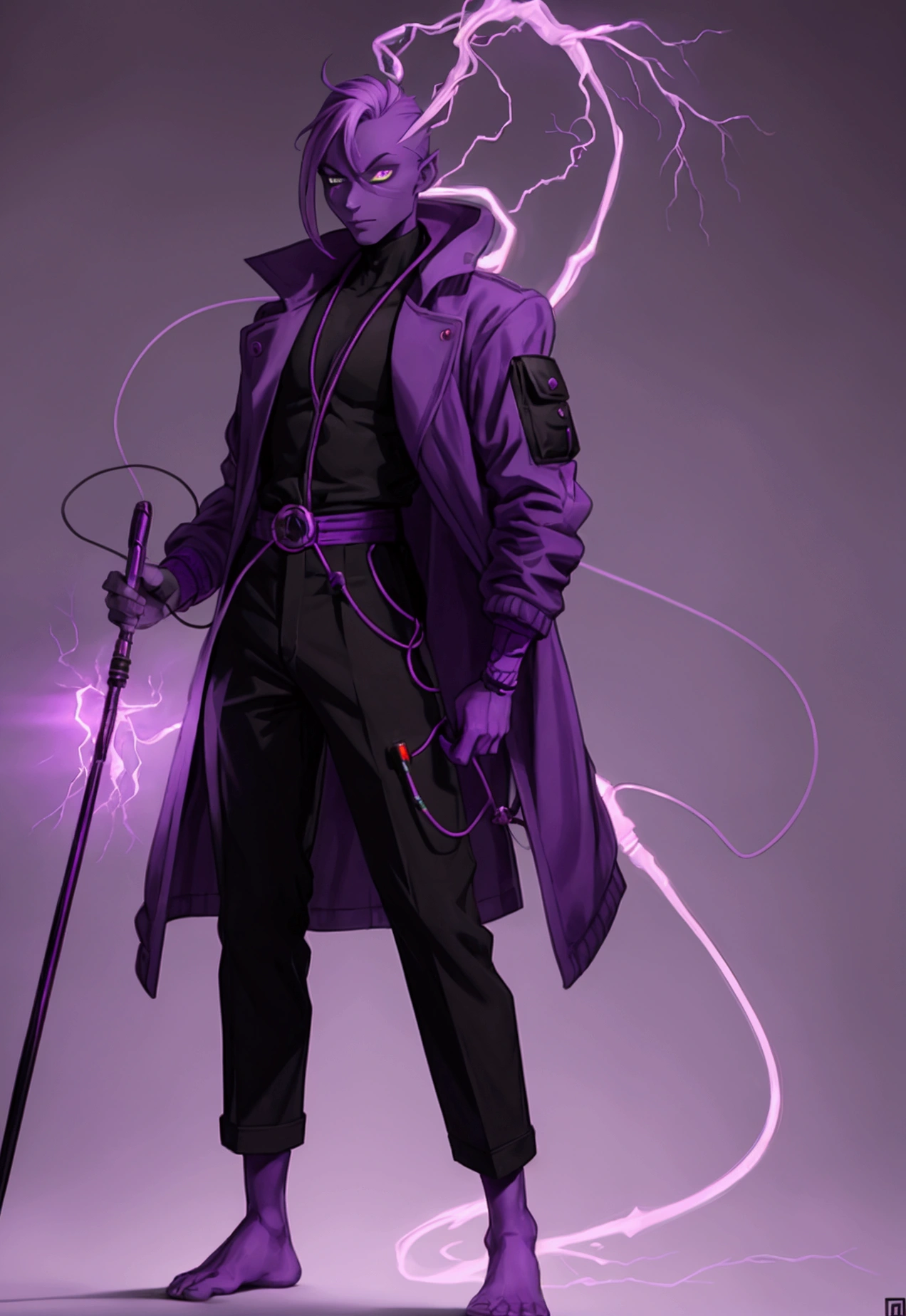A creature with light purple skin, he wears a purple jacket, black pants and walks barefoot. In addition, he has several wires and power cables throughout his body that connect to his eye that glows red and in his hand he holds a common cane..