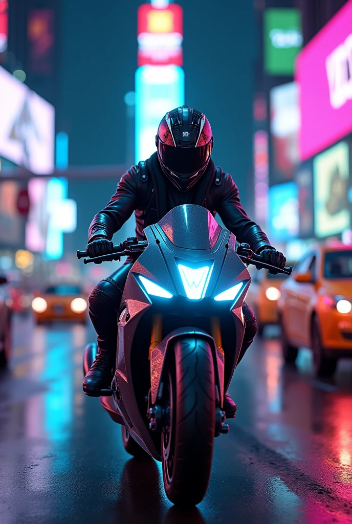 Guy Driving in DIO bike withe text of vivek in the street of new york