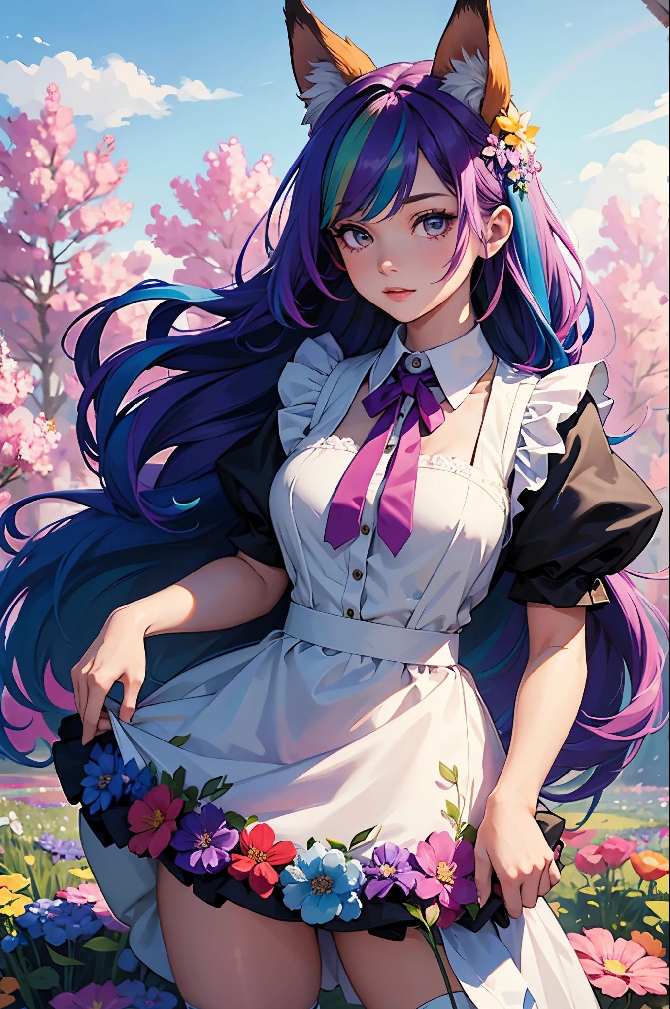 A girl with long hair and rainbow-colored hair is wearing a maid outfit and standing in a flower field with lots of big flowers. Upper body, fox ears.