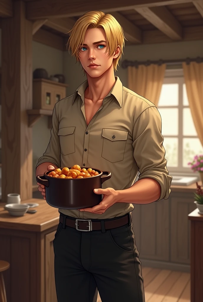 Create an image: a realistic young adult with blonde hair, metallic blue eyes, with beige shirt and black pants with pocket, he is handsome and is in a wooden room holding a pot with food. Rpg real