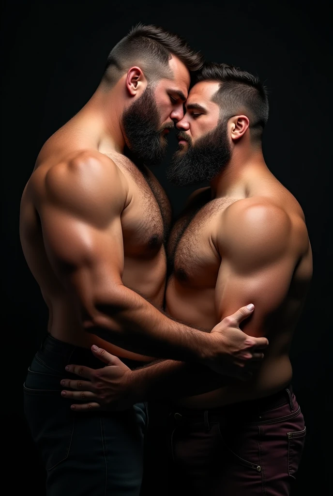 "8KUHD HDR Very Realistic Very Detailed High Quality Create a professional studio-style photograph featuring two 4 men, hdr burly, hdr hairy, hdr beared big daddy bear, and hdr very realistic detailed rugged man and his husband in boxers. Hdr very realistic beards, very hdr realistic hair, very hdr realistic beards, hdr very realistic thick chubby fat neck, hdr very realistic neck, hdr very realistic neck details, hdr very realistic neck lines, hdr very realistic belly, hdr very realistic chest, hdr very realistic strong chest and arms, hdr very realistic hairy chest and arms, hdr very realistic pecs, hdr very realistic burly body, hdr very realistic nipples, hdr very realistic burly body, hdr very realistic face, hdr very realistic eyes, hdr very realistic nose, hdr very realistic ears, hdr very realistic facial features, hdr very realistic arms, hdr very realistic hands, hdr very realistic wrists, hdr very realistic fingers, hdr very realistic fingernails, hdr very realistic shoulders, hdr very realistic mouth, hdr very realistic skin textures, hdr very realistic textures, hdr very realistic extricate detailing, hdr very realistic lips, hdr very realistic detailed skin, hdr very realistic skin, hdr very realistic heads, hdr very realistic ears, hdr very realistic nose, hdr very realistic facial features, hdr very realistic mens clothing, hdr very realistic detailed mens clothing. HDR A very realistic man and his husband are kissing each other, HDR very realistically kissing each other, in a HDR very realistic romantic and HDR virile scene. HDR Very Realistic Intricately Detailed, HDR Utilize all appropriate lighting techniques for studio photography. HDR The background should be black." No Deformities, HDR "everything is 8K HDR"