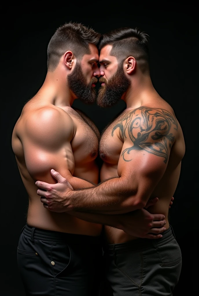 "8KUHD HDR Very Realistic Very Detailed High Quality Create a professional studio-style photograph featuring two 4 men, hdr burly, hdr hairy, hdr beared big daddy bear, and hdr very realistic detailed rugged man and his husband in boxers. Hdr very realistic beards, very hdr realistic hair, very hdr realistic beards, hdr very realistic thick chubby fat neck, hdr very realistic neck, hdr very realistic neck details, hdr very realistic neck lines, hdr very realistic belly, hdr very realistic chest, hdr very realistic strong chest and arms, hdr very realistic hairy chest and arms, hdr very realistic pecs, hdr very realistic burly body, hdr very realistic nipples, hdr very realistic burly body, hdr very realistic face, hdr very realistic eyes, hdr very realistic nose, hdr very realistic ears, hdr very realistic facial features, hdr very realistic arms, hdr very realistic hands, hdr very realistic wrists, hdr very realistic fingers, hdr very realistic fingernails, hdr very realistic shoulders, hdr very realistic mouth, hdr very realistic skin textures, hdr very realistic textures, hdr very realistic extricate detailing, hdr very realistic lips, hdr very realistic detailed skin, hdr very realistic skin, hdr very realistic heads, hdr very realistic ears, hdr very realistic nose, hdr very realistic facial features, hdr very realistic mens clothing, hdr very realistic detailed mens clothing. HDR A very realistic man and his husband are kissing each other, HDR very realistically kissing each other, in a HDR very realistic romantic and HDR virile scene. HDR Very Realistic Intricately Detailed, HDR Utilize all appropriate lighting techniques for studio photography. HDR The background should be black." No Deformities, HDR "everything is 8K HDR"